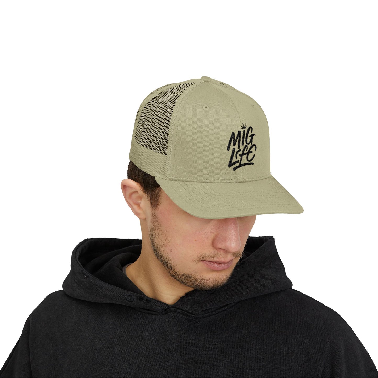 MIG Life Snapback Trucker Hat, Light Color, Black Text