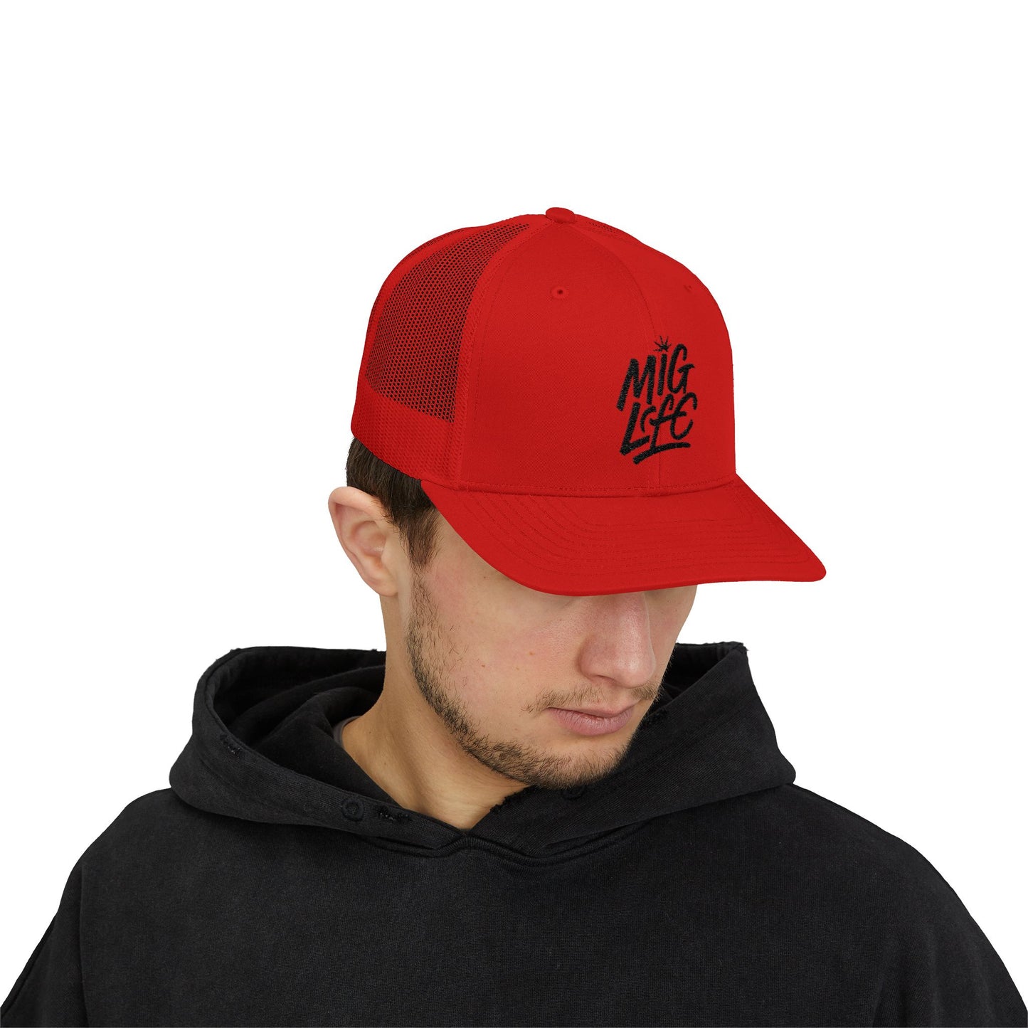 MIG Life Snapback Trucker Hat, Light Color, Black Text