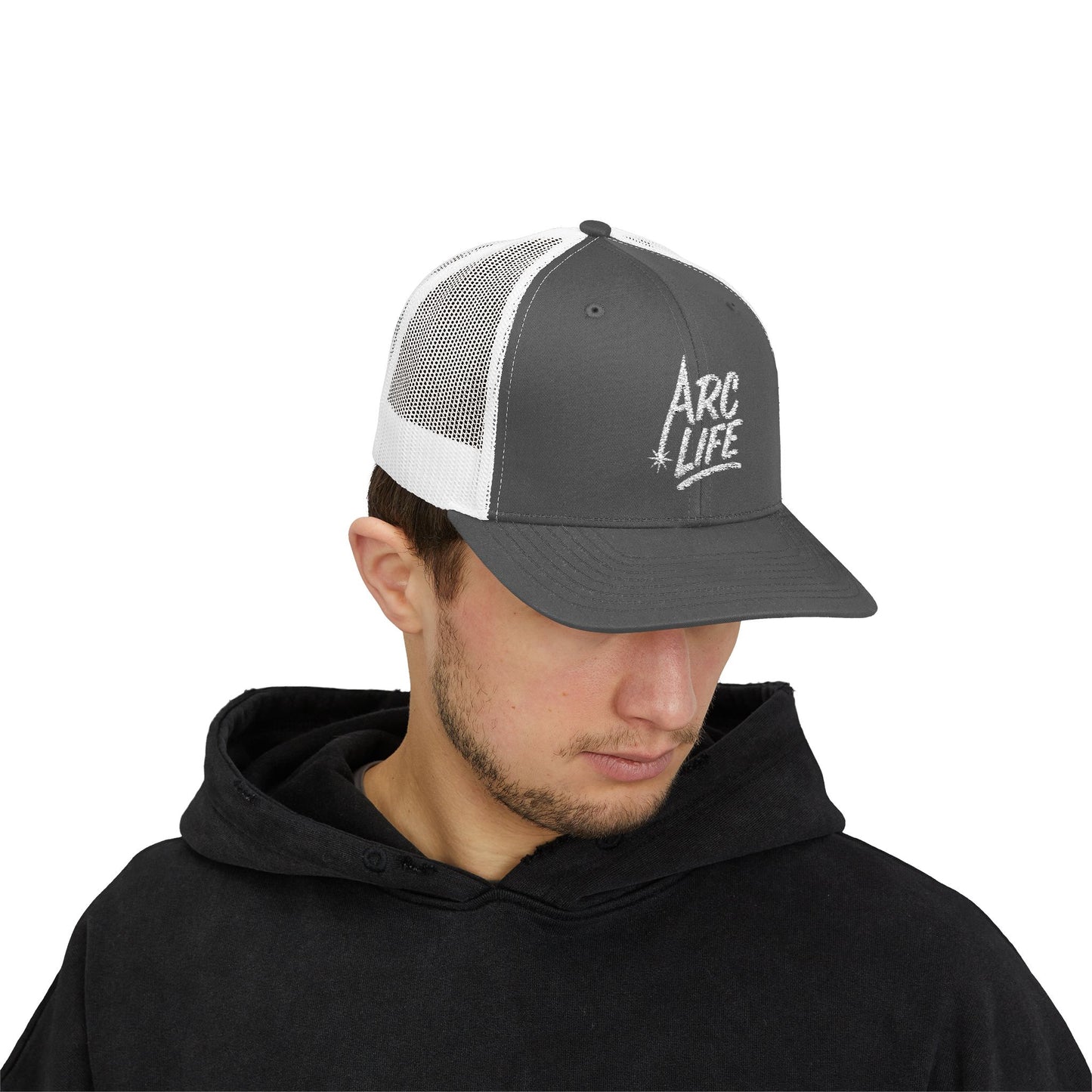 Arc Life Snapback Trucker Cap, Dark with white text
