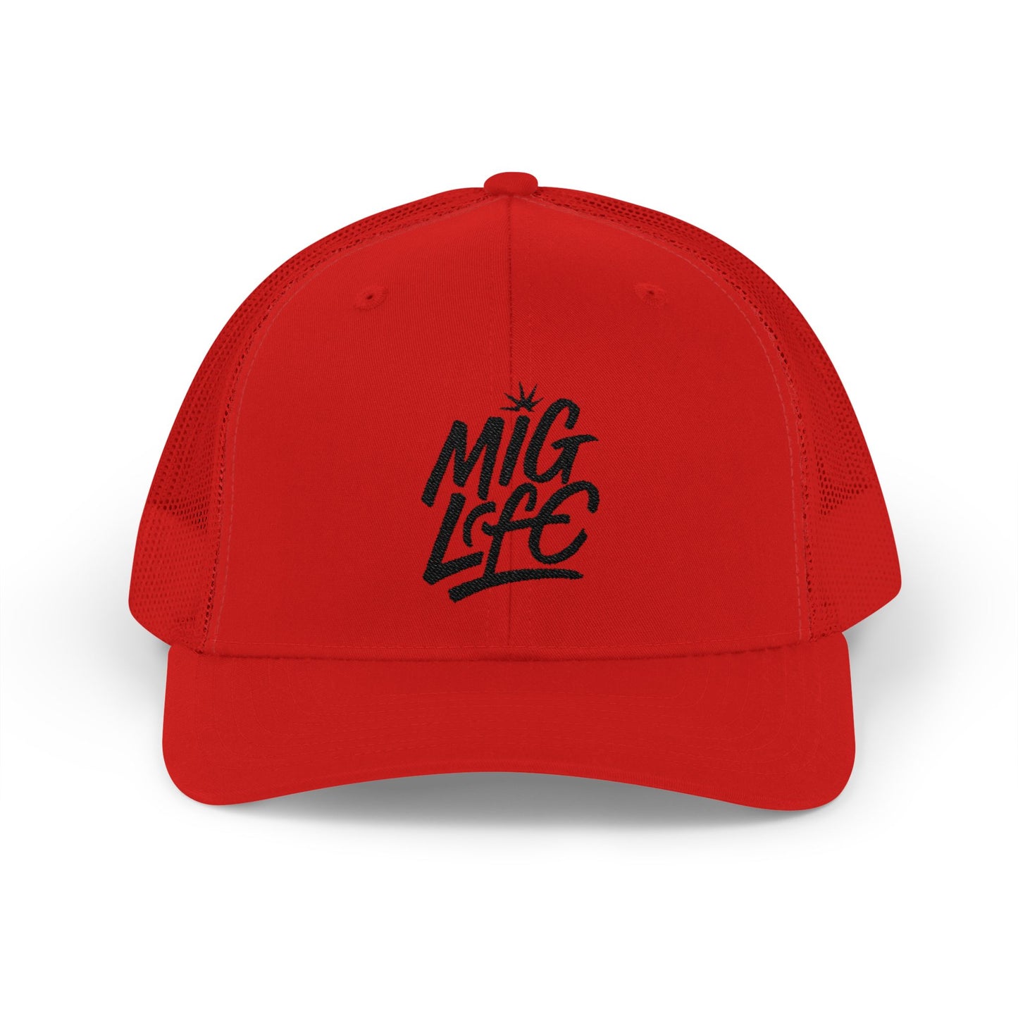 MIG Life Snapback Trucker Hat, Light Color, Black Text