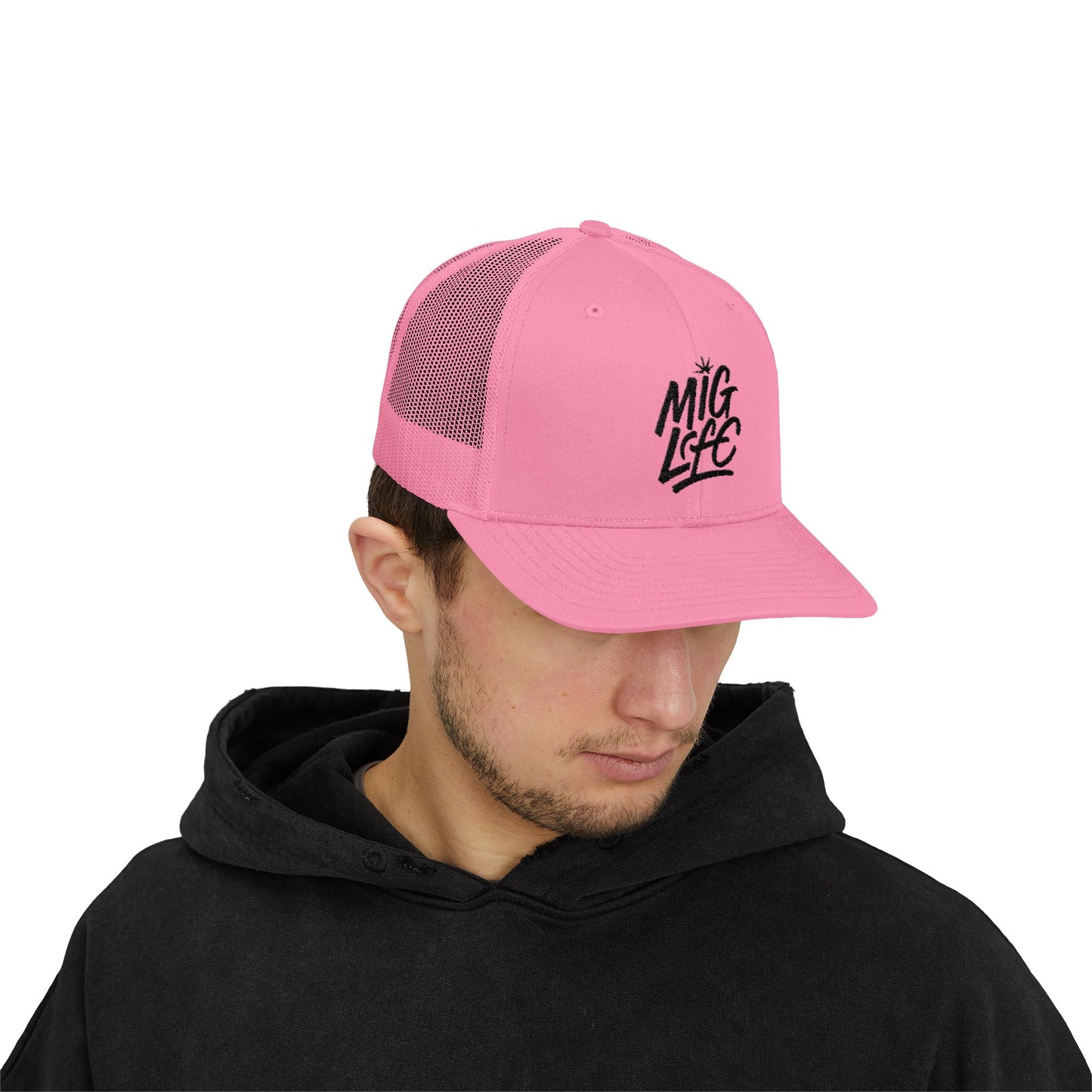 MIG Life Snapback Trucker Hat, Light Color, Black Text