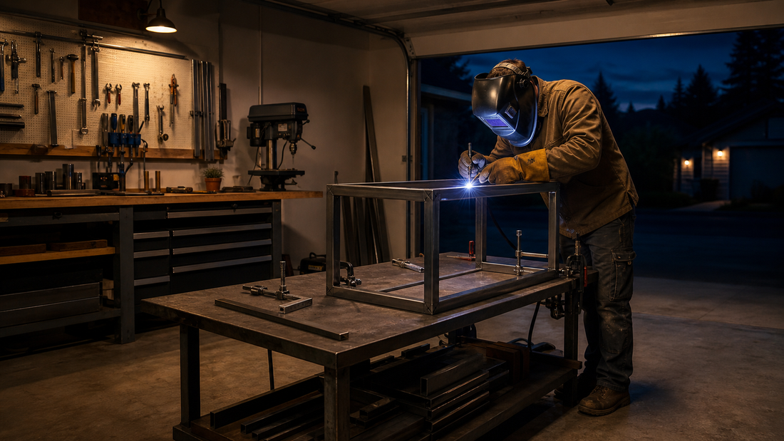 Welder building a steel workbench frame in a home garage after hours