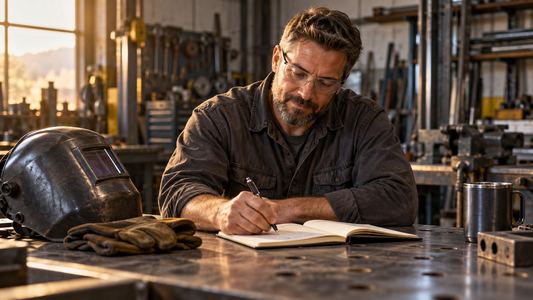 Welder reflecting on career milestones with a notebook and a well-used welding helmet at an inactive workshop bench