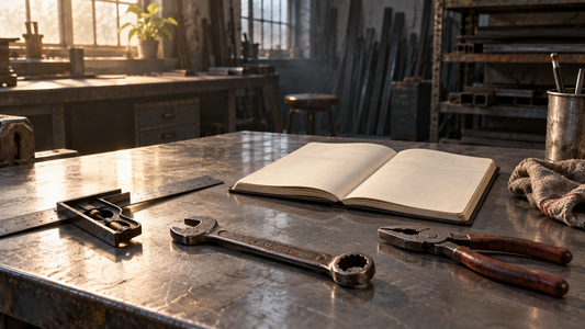 Worn hand tools beside a notebook on an inactive welding shop bench, illustrating inherited tools and the stories passed between generations.