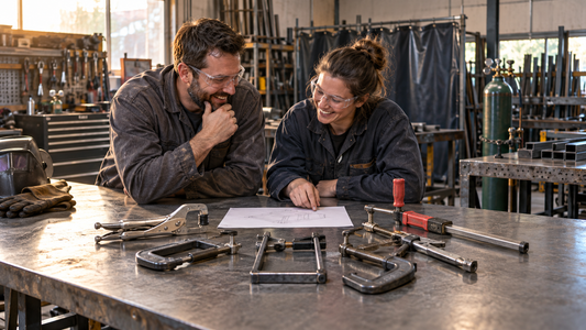 Two welders smiling over a sketch surrounded by clamps on an inactive workshop bench, illustrating welding shop humor