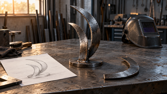 An unfinished decorative steel sculpture beside a sketch on an inactive workshop bench, illustrating unfinished welding projects.