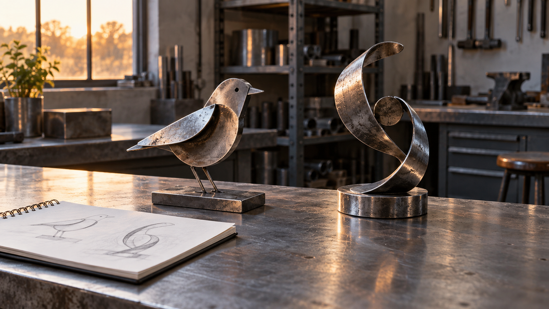 Small abstract bird sculpture and curved metal artwork on a tidy fabrication bench, illustrating welded metal art ideas