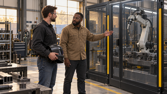 Welder and welding operator discussing their roles beside an inactive, guarded robotic welding cell