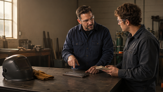 Welding instructor and learner reviewing a cooled practice coupon at a workshop bench