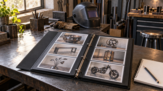 A welding portfolio binder displaying metal project photographs beside a notebook on an inactive workshop bench.