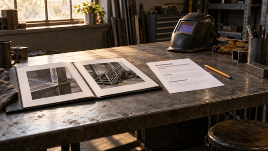 Resume notes and a project-photo portfolio on an inactive fabrication-shop bench, illustrating how to present welding skills and experience.