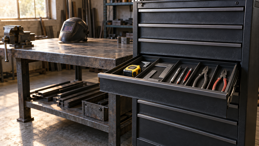 Organized hand tools in an open toolbox drawer beside an inactive fabrication bench, illustrating welding toolbox organization.