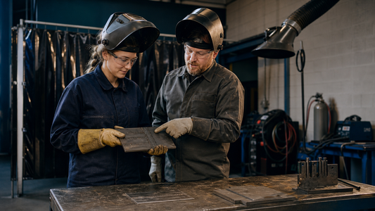 Welding instructor reviewing a practice coupon with a beginner in a training booth