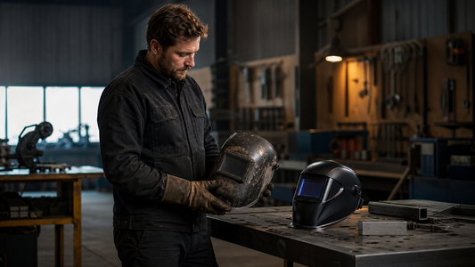 Welder holding a worn first welding helmet beside a newer hood in a fabrication shop