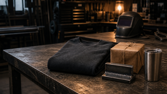 Thoughtful gifts for welders arranged on a steel workbench in a fabrication shop