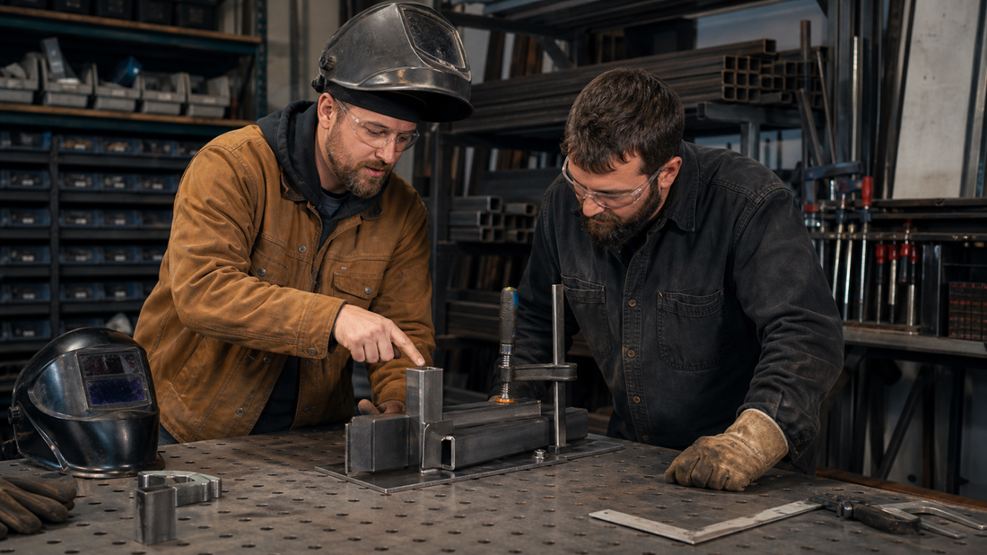 Two fabricators examining a homemade welding fixture on a steel worktable