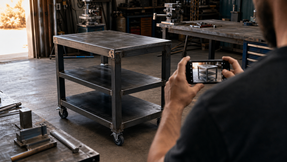 Fabricator photographing a finished welded steel shop cart in a workshop