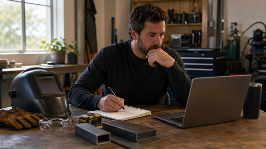 Welder reviewing a job posting and writing questions in a workshop