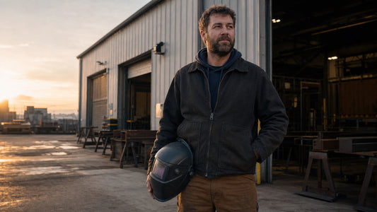 Off-shift welder carrying a welding helmet outside a fabrication shop — is welding a good career