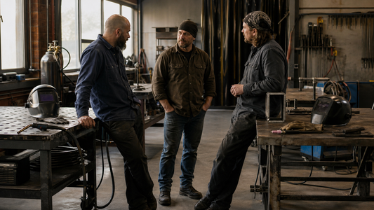 Three welders comparing MIG, TIG, and stick welding processes in a fabrication shop