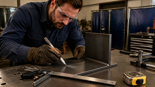 Fabricator marking a precise soapstone layout line on steel before welding fit-up