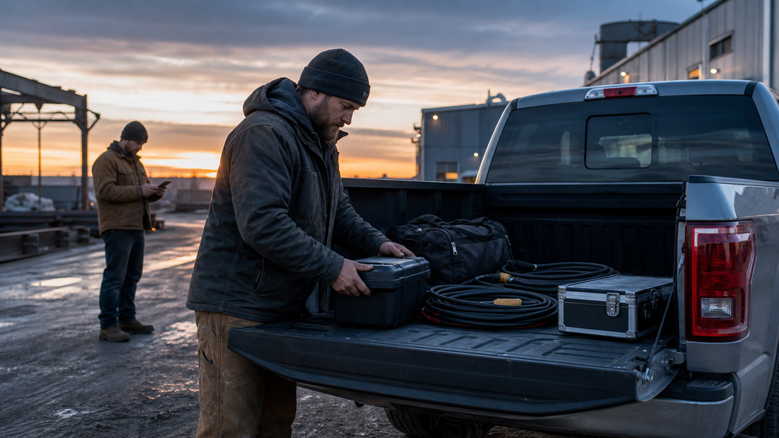 Travel welder organizing tools and gear in a pickup truck at dawn outside an industrial site