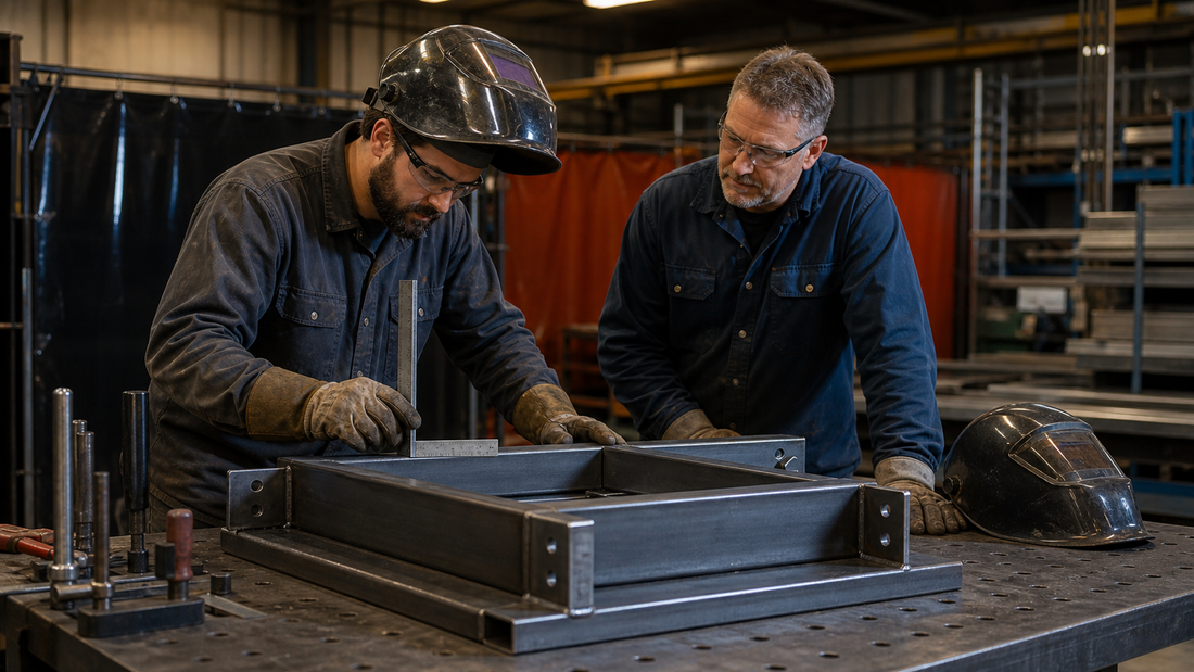 Two fabricators checking a finished steel assembly during a careful shop handoff