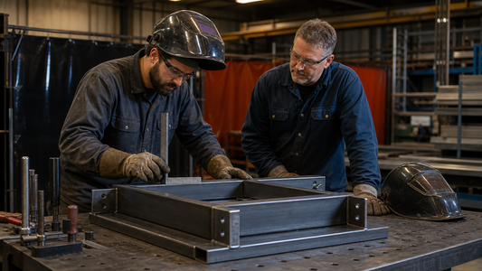 Two fabricators checking a finished steel assembly during a careful shop handoff
