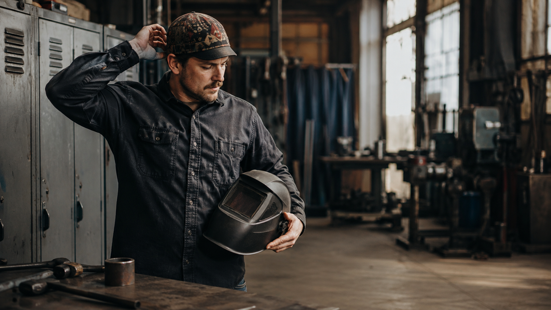 Welder adjusting a close-fitting welding cap beside a helmet before the shift