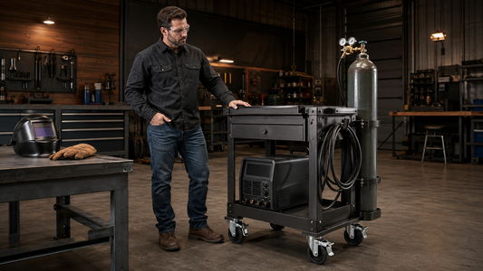 Welder inspecting a shop-built welding cart with secured gas cylinder and organized cable storage