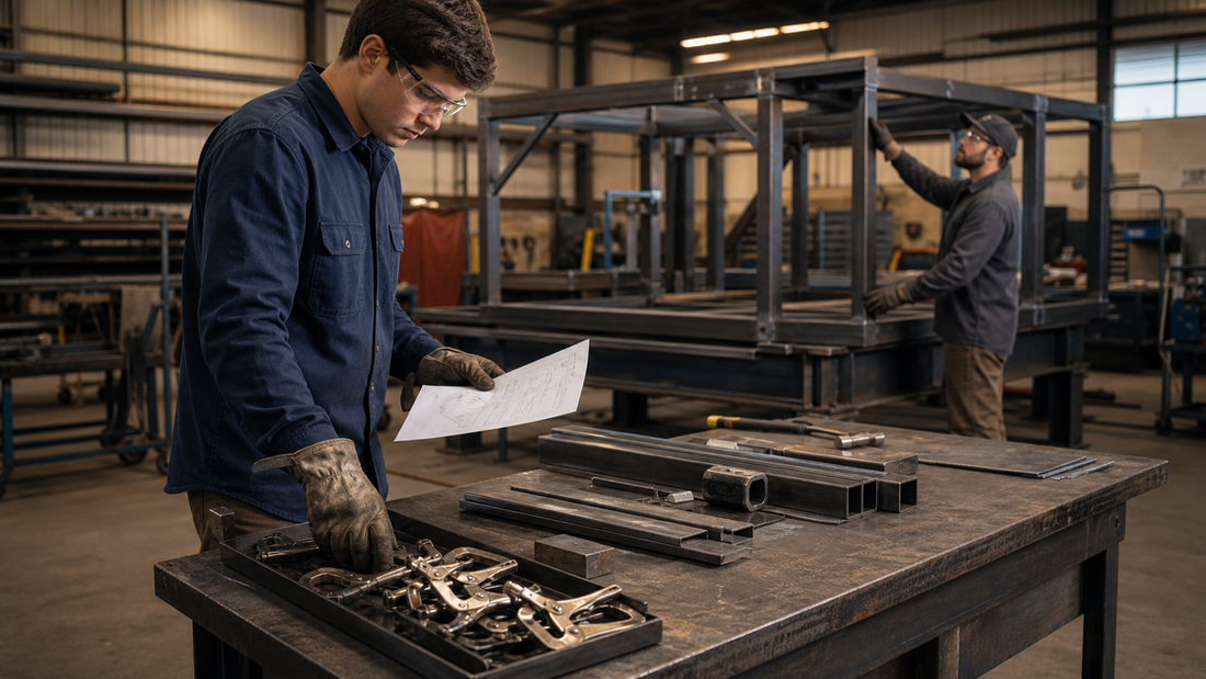 Welding helper organizing clamps and material beside a fabrication table