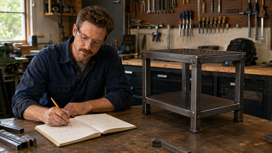 Welder recording notes in a welding project journal beside a finished steel table