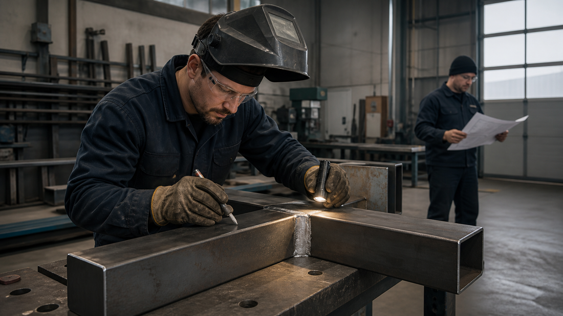 Welder inspecting a reworked steel joint with a flashlight in a fabrication shop