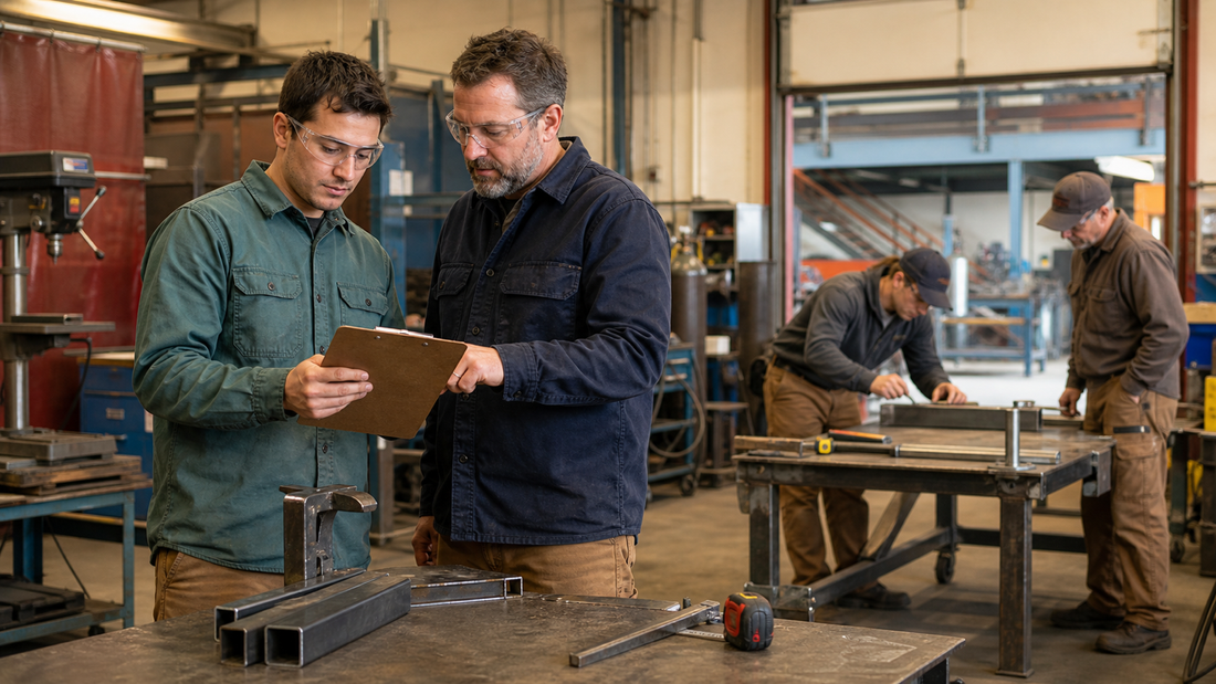 Welding student comparing training options with an instructor in a fabrication lab