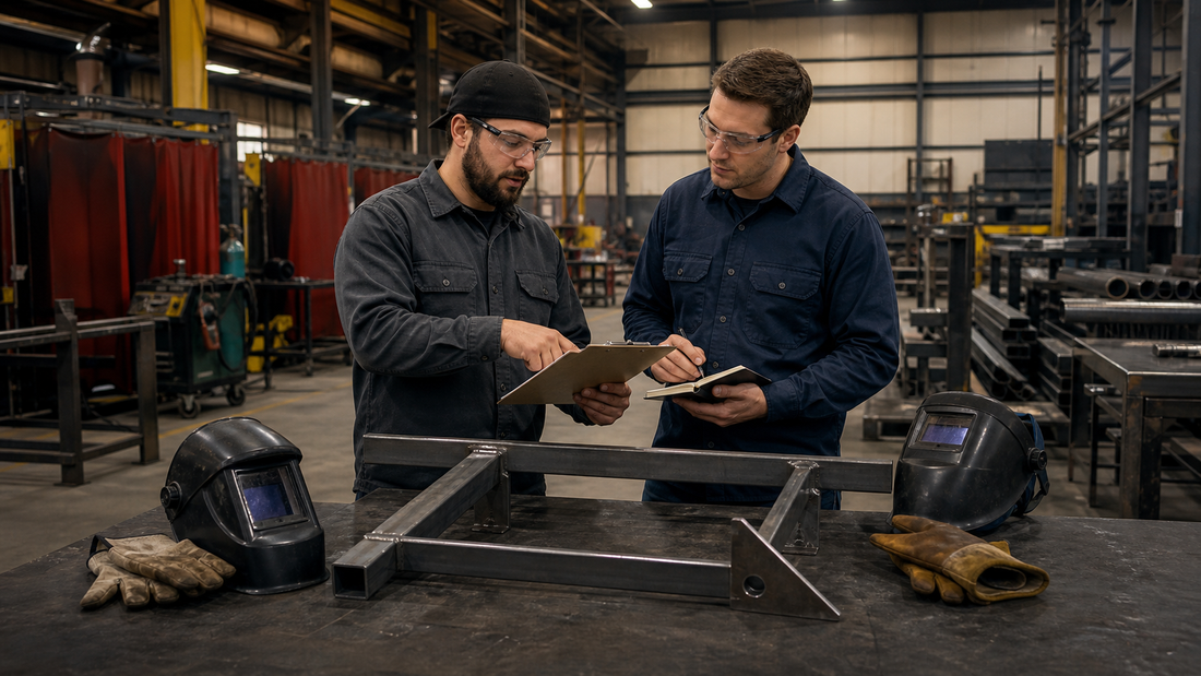 Two welders reviewing a welding shift handoff beside a steel fabrication
