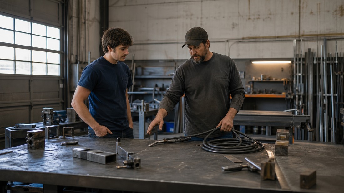 An experienced welder showing a new welder how to organize tools and welding leads in a fabrication shop