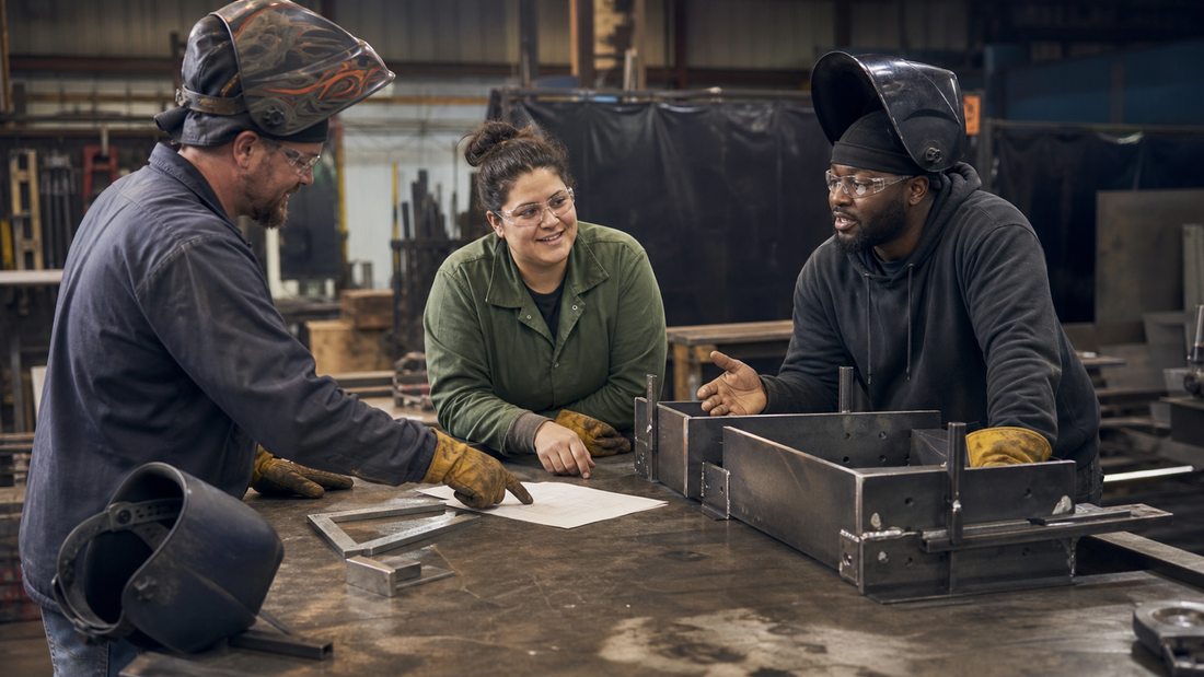 Three fabricators discussing welding shop slang and a steel assembly at a worktable