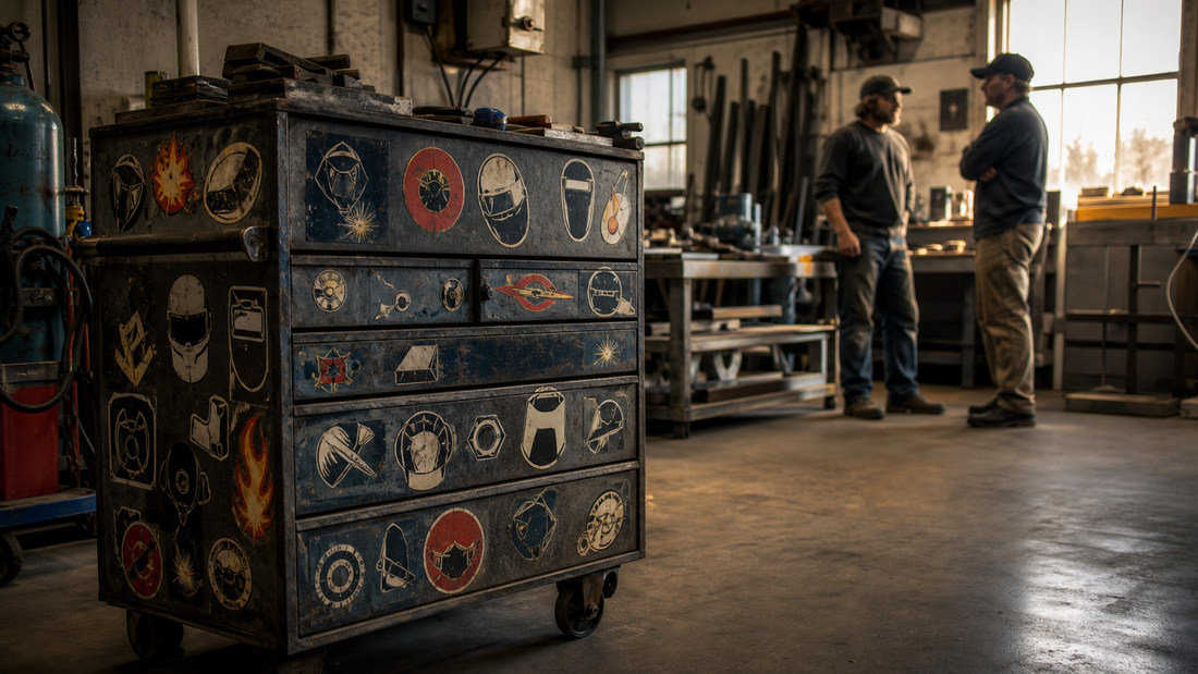 A sticker-covered welding toolbox in a fabrication shop with two welders nearby