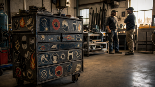 A sticker-covered welding toolbox in a fabrication shop with two welders nearby