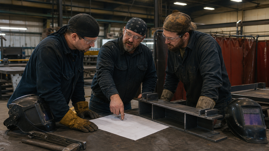 Lead welder guiding a fabrication crew through a job plan at a steel worktable