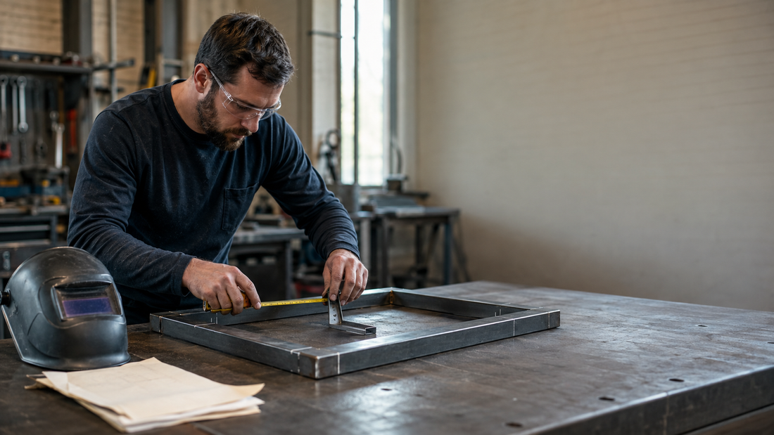 Metal fabricator checking the layout and fit-up of a steel frame before welding