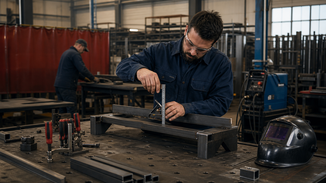 Welder checking a steel assembly with a square during fabrication