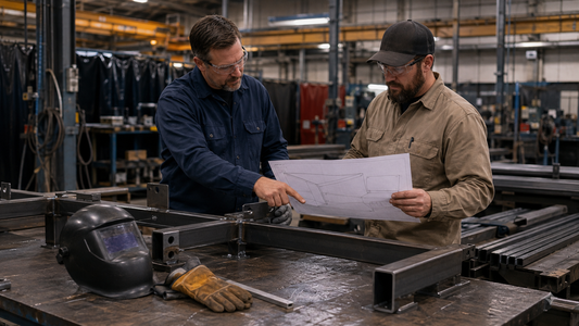 Two fabrication professionals reviewing a weld map beside a steel frame