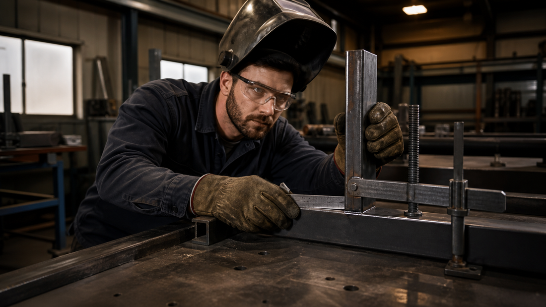 Welder checking steel joint alignment and fit-up before welding in a fabrication shop