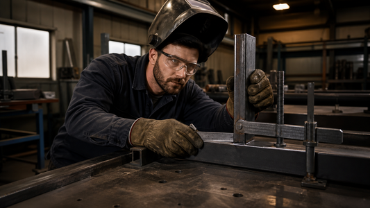 Welder checking steel joint alignment and fit-up before welding in a fabrication shop