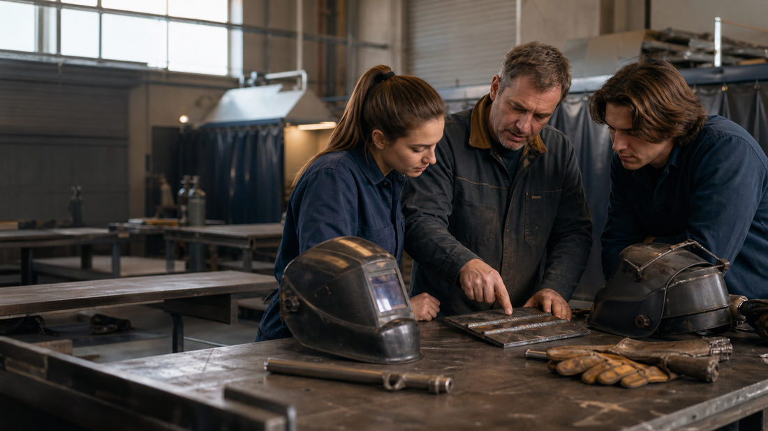 A welding instructor reviewing practice beads with two students in a training shop
