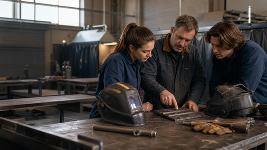 A welding instructor reviewing practice beads with two students in a training shop
