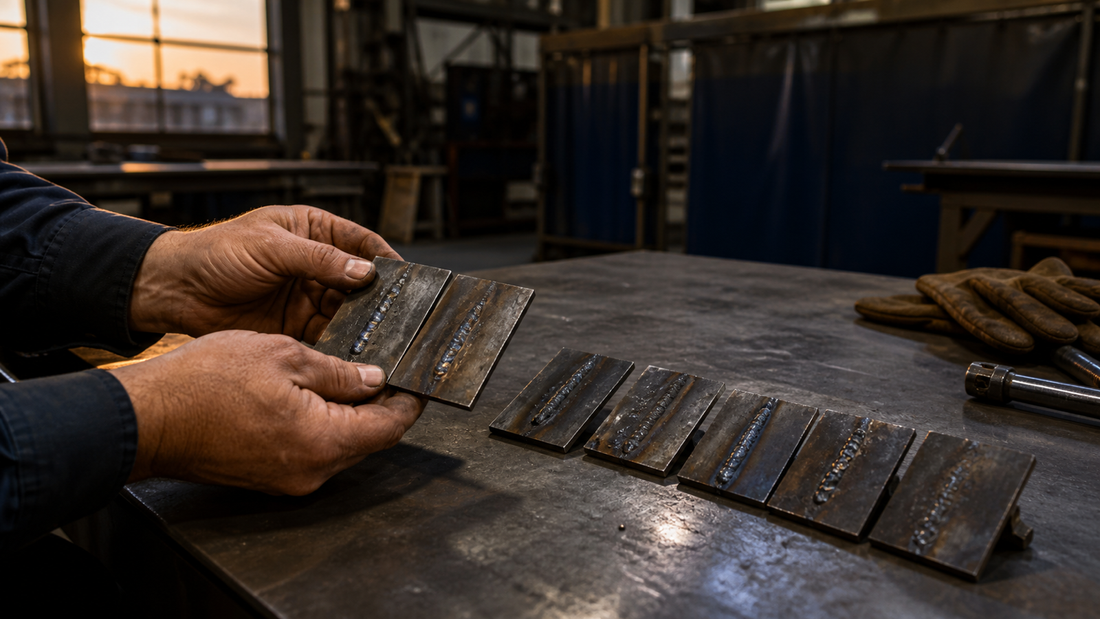 Welder comparing old welding practice coupons on a steel workbench