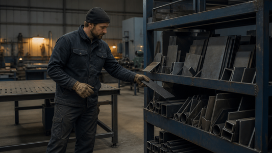 Welder sorting useful steel offcuts into an organized scrap metal remnant rack