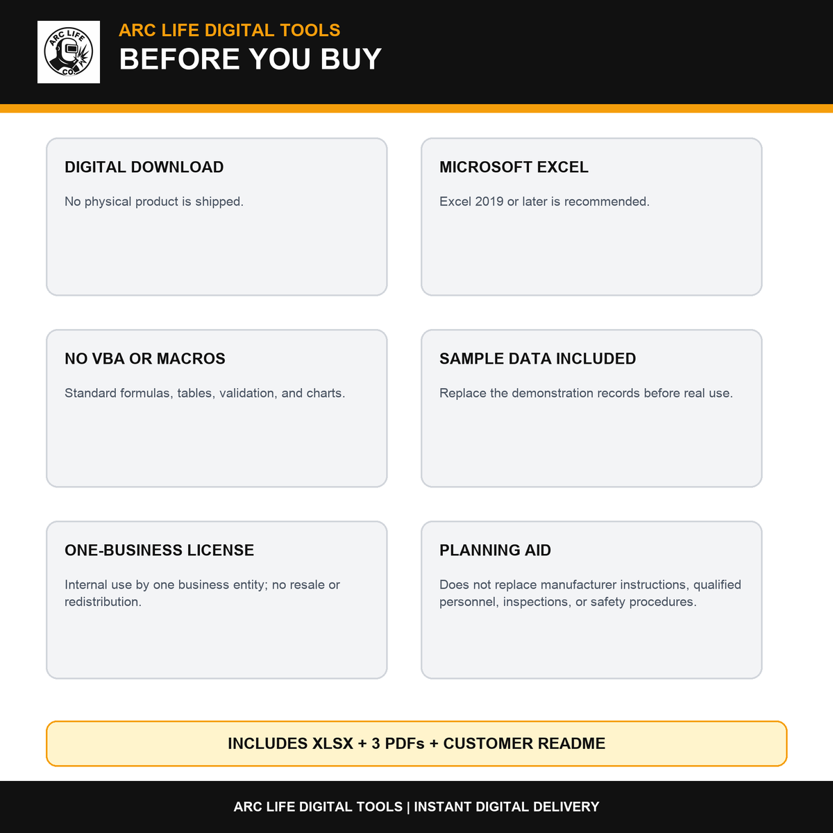 Excel compatibility, digital delivery, and one-business license details